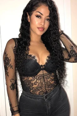 Rebellious Fashion Black Sheer Lace Cup Long Sleeve Bodysuit - Izela