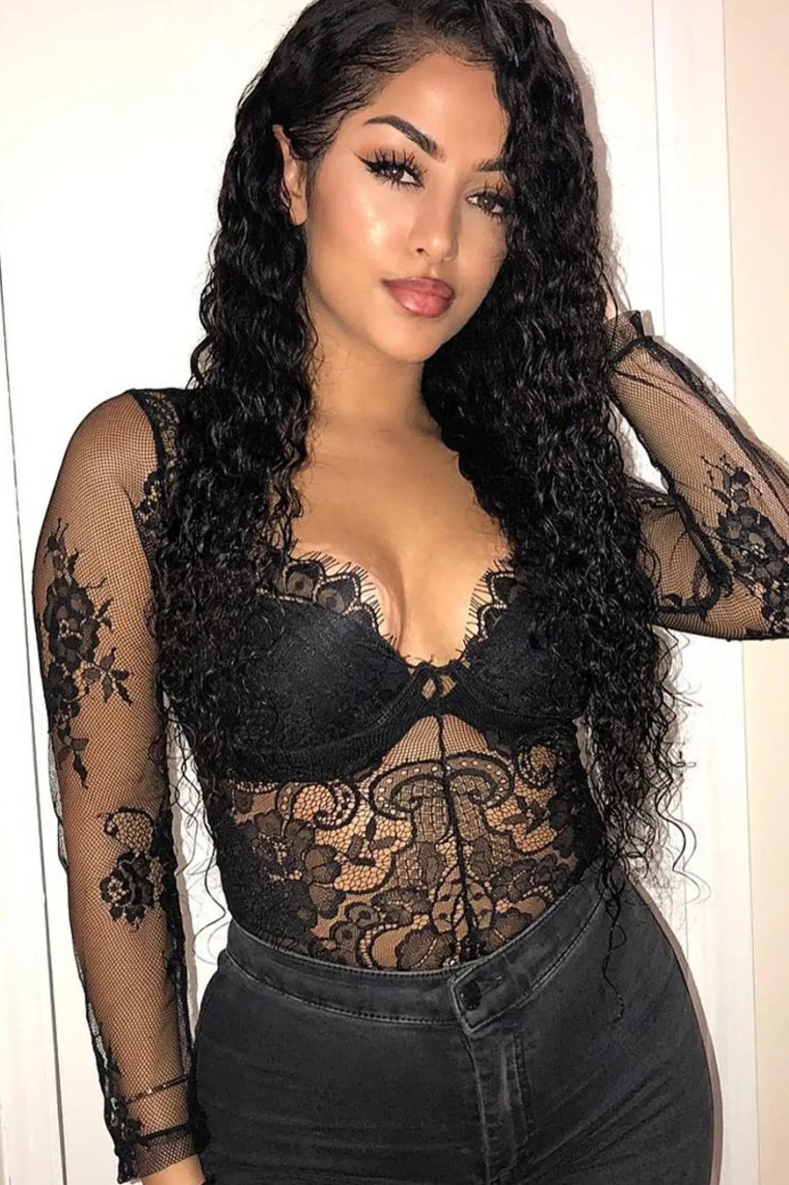 Rebellious Fashion Black Sheer Lace Cup Long Sleeve Bodysuit - Izela