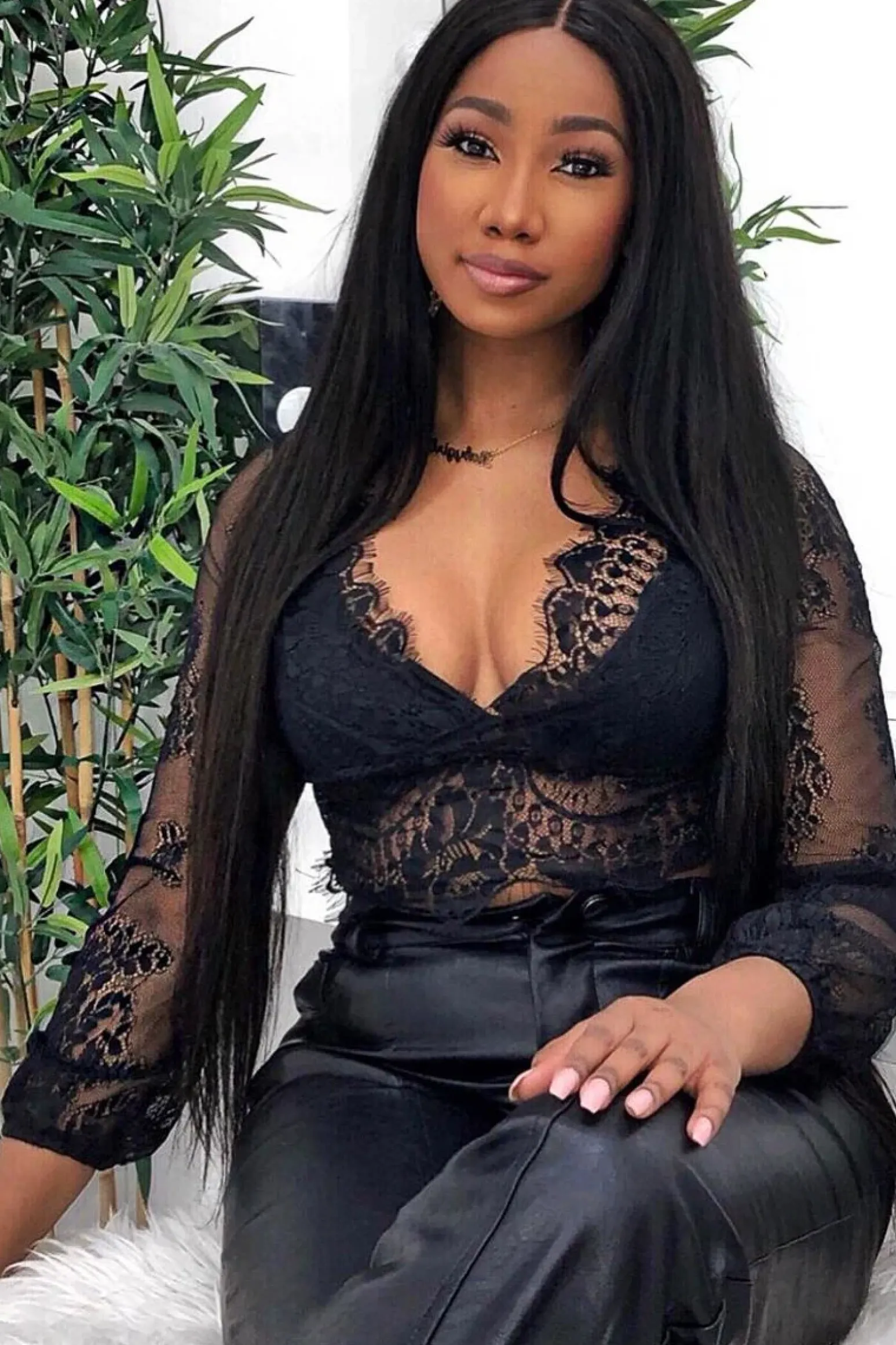 Rebellious Fashion Black Sheer Lace Plunge Long Sleeve Top - Eyana