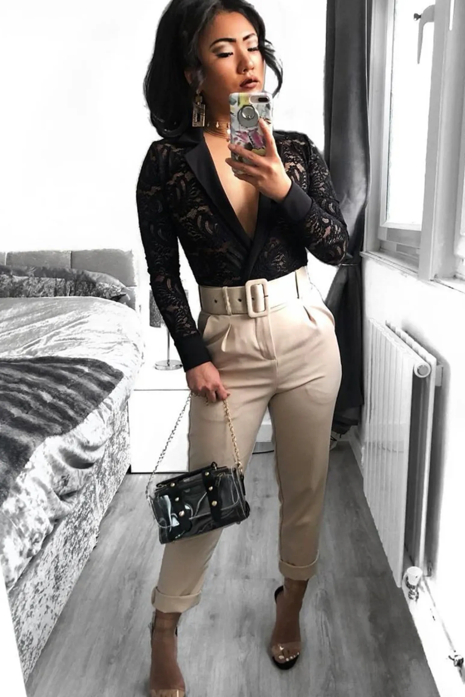 Rebellious Fashion Black Sheer Lace Plunge Long Sleeve Bodysuit - Janica