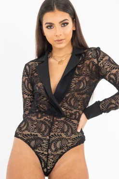 Rebellious Fashion Black Sheer Lace Plunge Long Sleeve Bodysuit - Janica