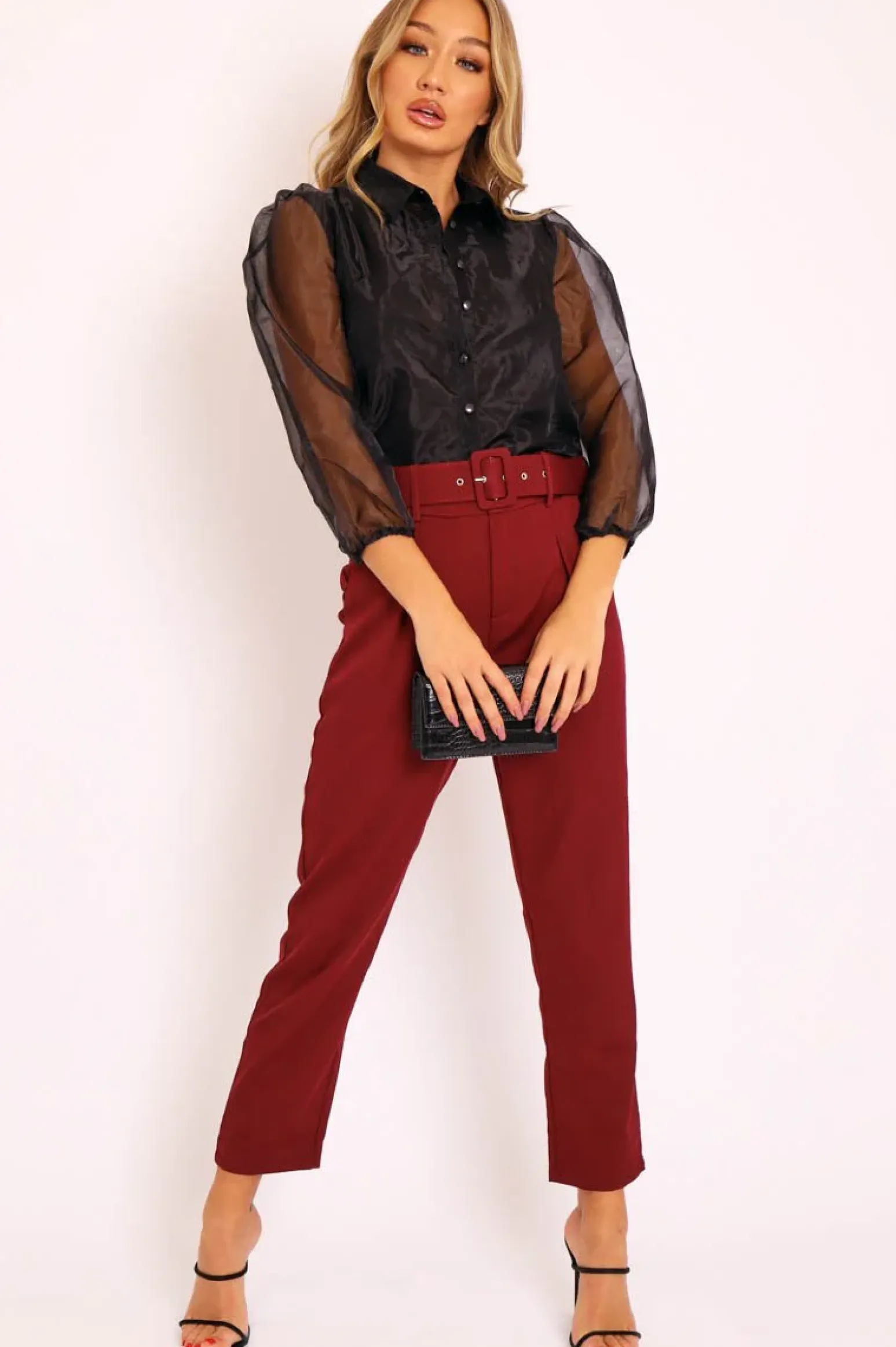 Rebellious Fashion Black Sheer Organza Sleeve Button Front Shirt - Ciena