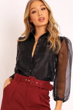 Rebellious Fashion Black Sheer Organza Sleeve Button Front Shirt - Ciena