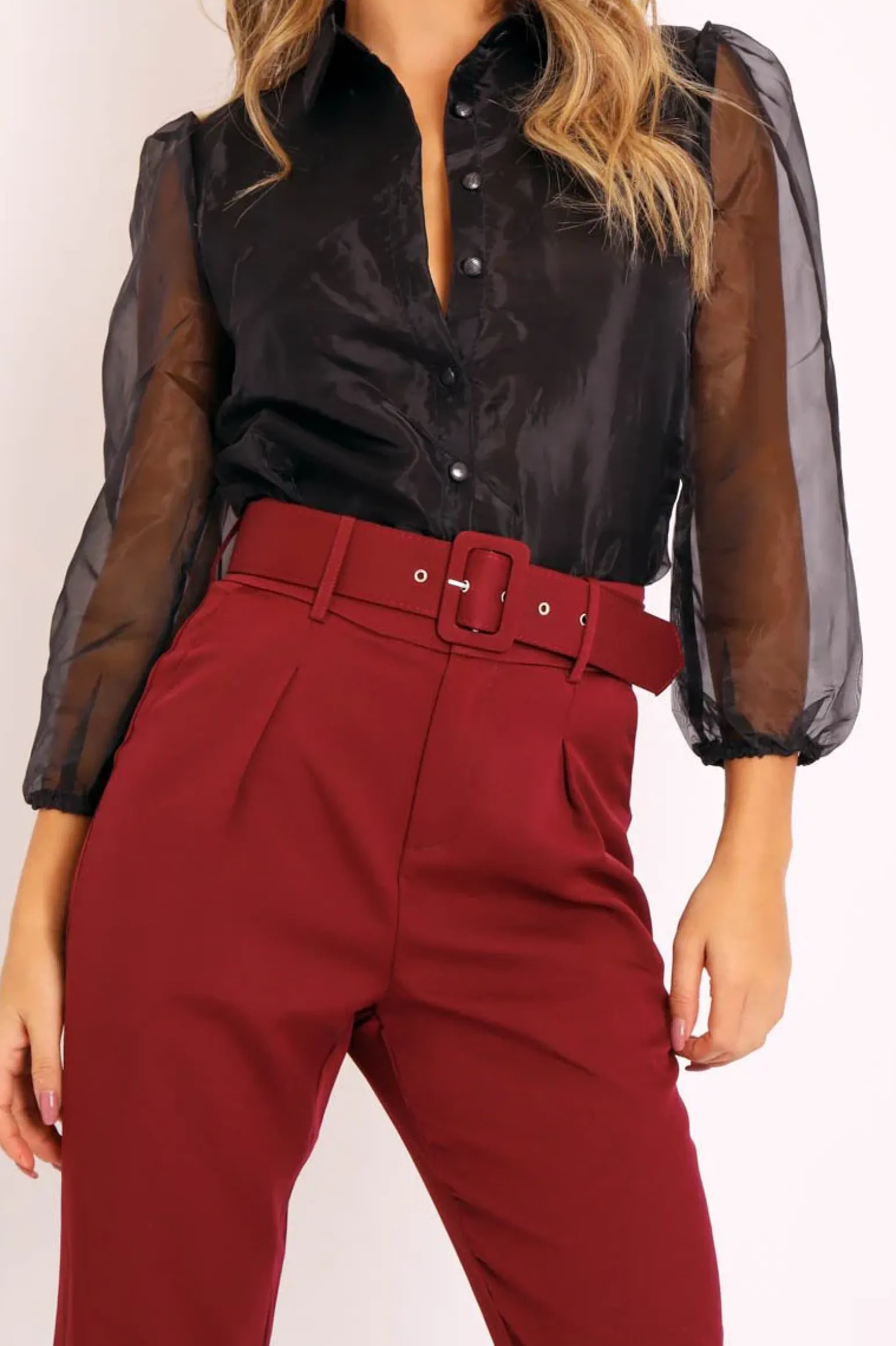 Rebellious Fashion Black Sheer Organza Sleeve Button Front Shirt - Ciena
