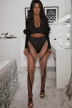 Rebellious Fashion Black Sheer Panel Mesh Leggings - Gwen