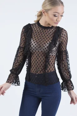 Rebellious Fashion Black Sheer Polka Dot Frill Blouse - Kaitlin