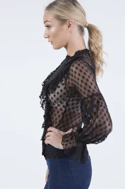 Rebellious Fashion Black Sheer Polka Dot Frill Blouse - Kaitlin