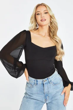 Rebellious Fashion Black Sheer Puffed Sleeve Bodysuit - Victoria