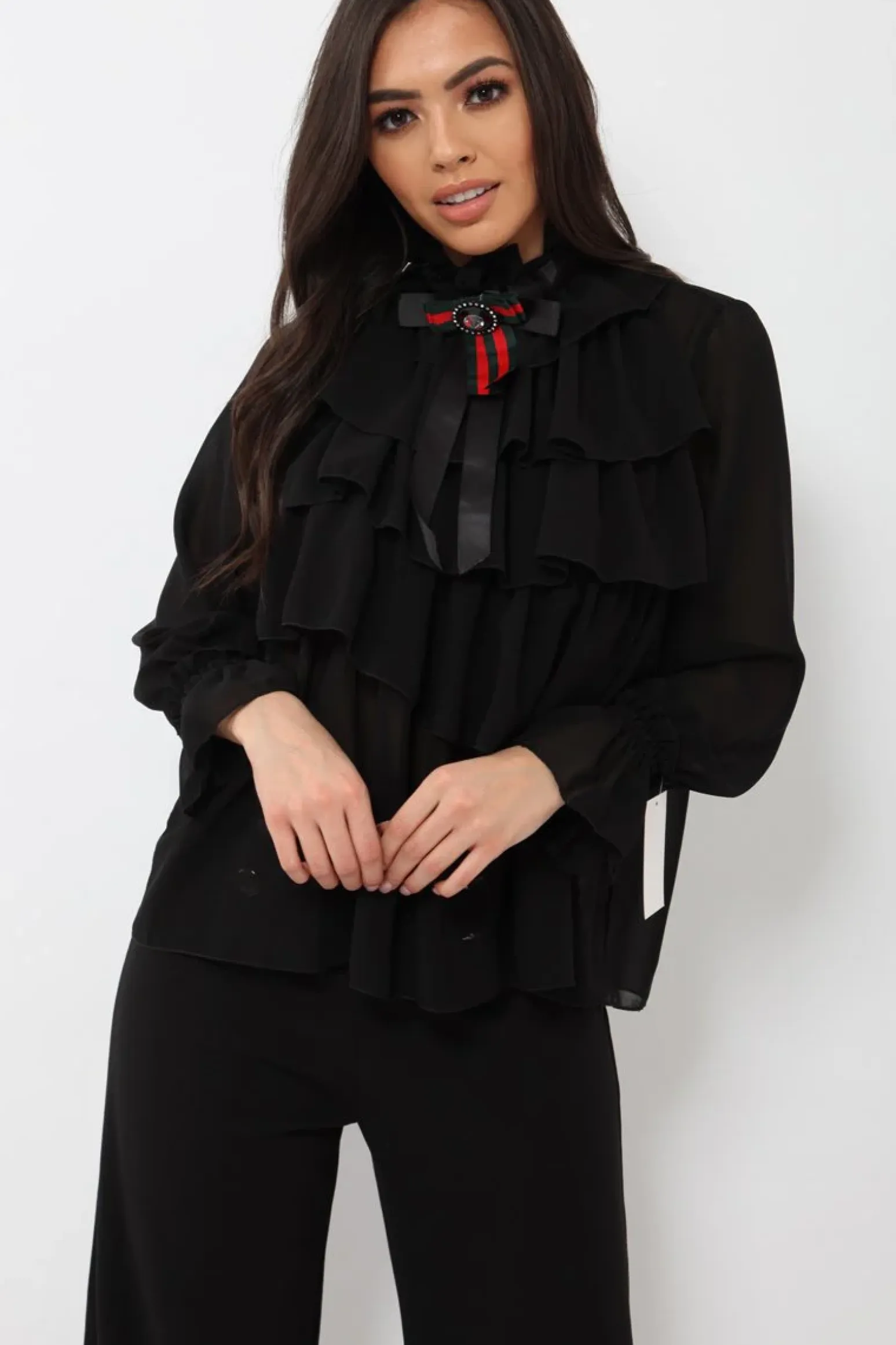 Rebellious Fashion Black Sheer Ruffle Blouse with Striped Neck Tie - Viktoria
