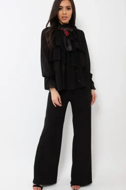 Rebellious Fashion Black Sheer Ruffle Blouse with Striped Neck Tie - Viktoria