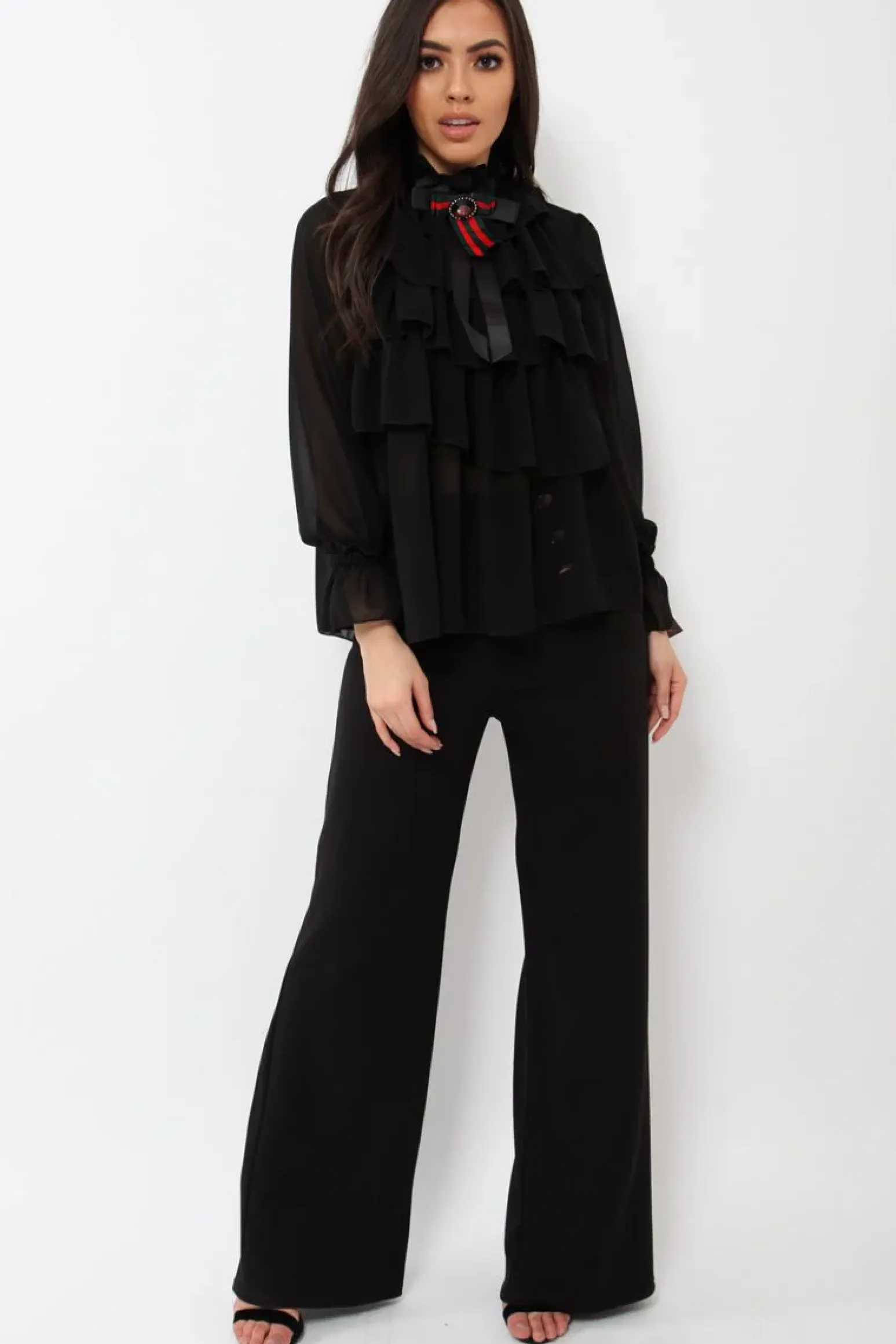 Rebellious Fashion Black Sheer Ruffle Blouse with Striped Neck Tie - Viktoria