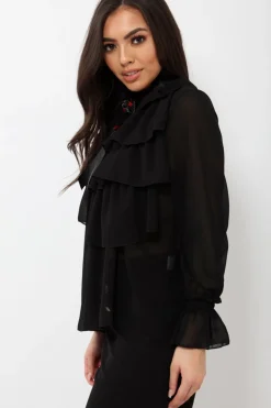 Rebellious Fashion Black Sheer Ruffle Blouse with Striped Neck Tie - Viktoria