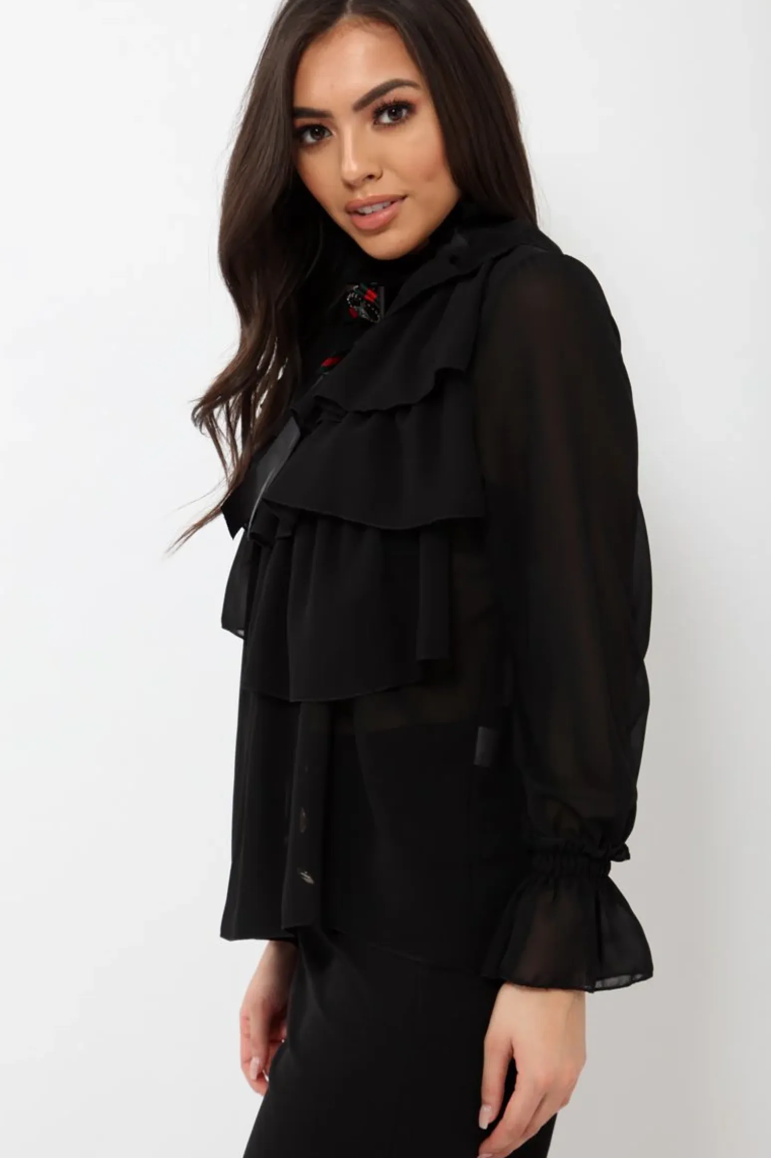 Rebellious Fashion Black Sheer Ruffle Blouse with Striped Neck Tie - Viktoria