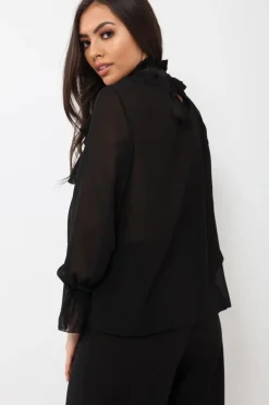 Rebellious Fashion Black Sheer Ruffle Blouse with Striped Neck Tie - Viktoria