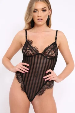 Rebellious Fashion Black Sheer Striped Lace Bodysuit - Anyha