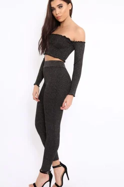 Rebellious Fashion Black Shimmery Ribbed Knit Co-ord - Luna