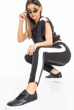 Rebellious Fashion Black Shiny Contrast Stripe Crop Top Joggers Co-Ord - Maisey