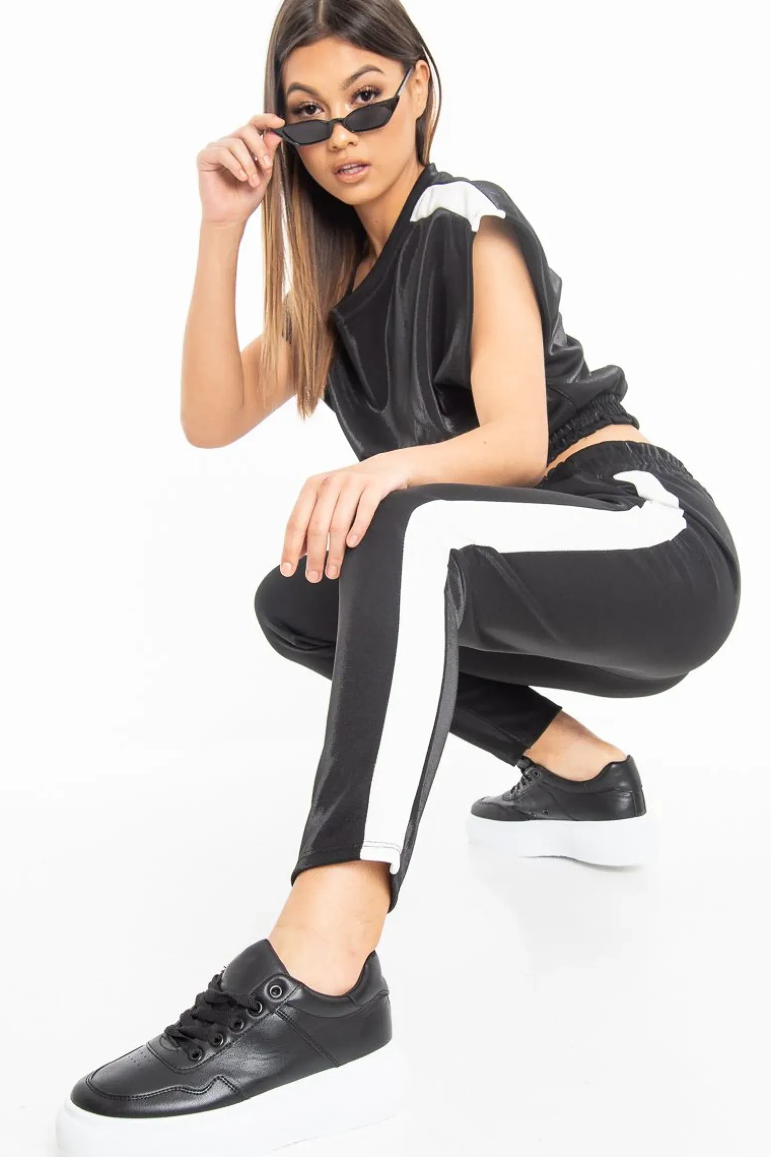 Rebellious Fashion Black Shiny Contrast Stripe Crop Top Joggers Co-Ord - Maisey