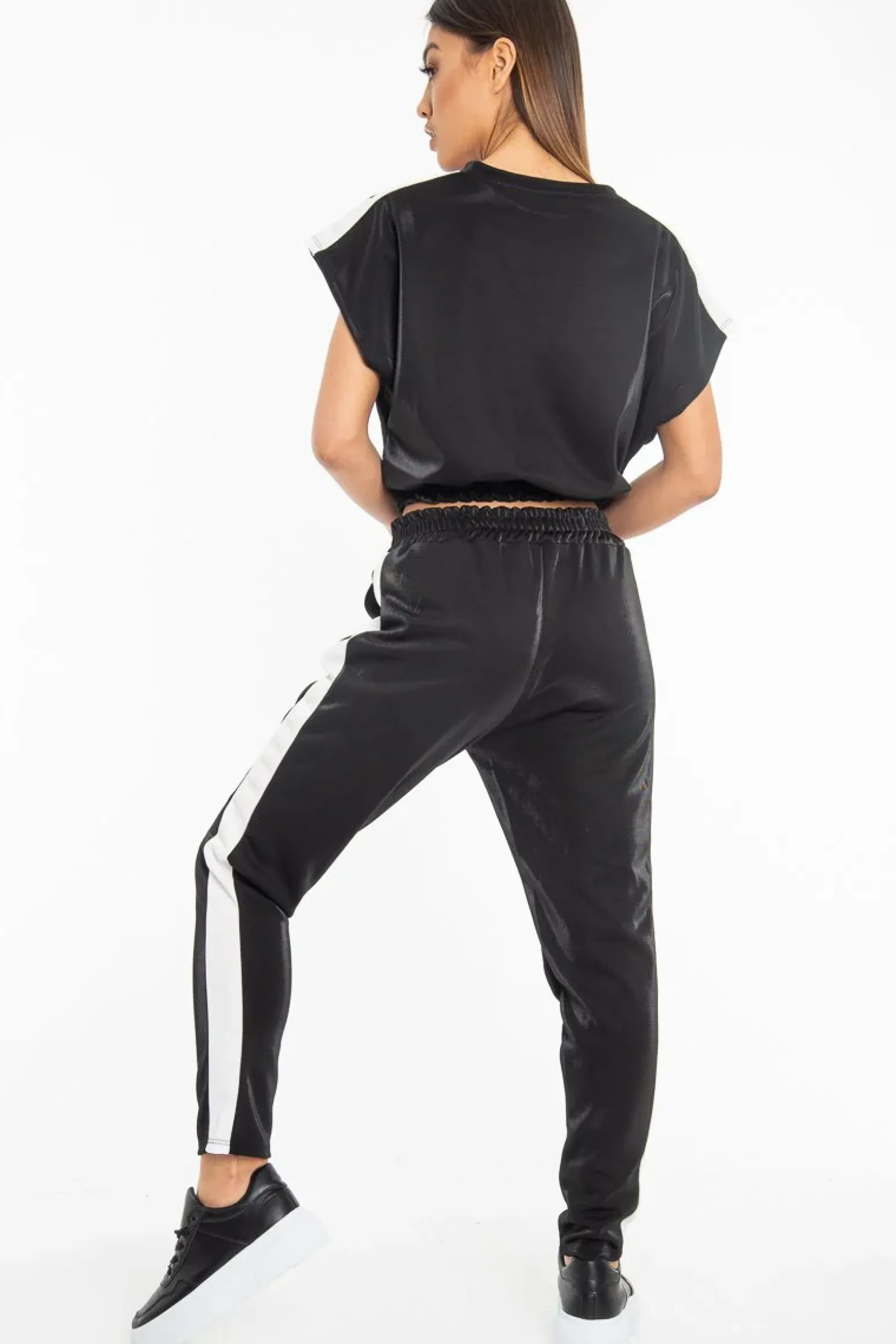 Rebellious Fashion Black Shiny Contrast Stripe Crop Top Joggers Co-Ord - Maisey