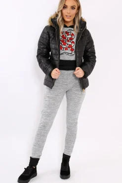 Rebellious Fashion Black Shiny Puffer Coat with Fur Hood - Idy