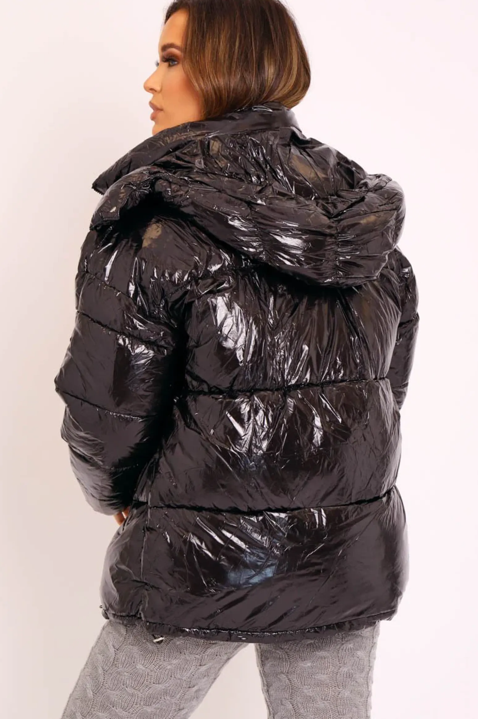 Rebellious Fashion Black Shiny Wet Look Chunky Hooded Puffer Coat - Syra
