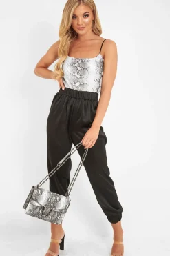 Rebellious Fashion Black Shiny Woven Cargo Trousers - Atley