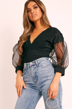 Rebellious Fashion Black Shirred Plunge Crop Top - Reina