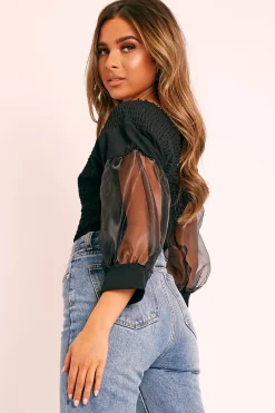 Rebellious Fashion Black Shirred Plunge Crop Top - Reina