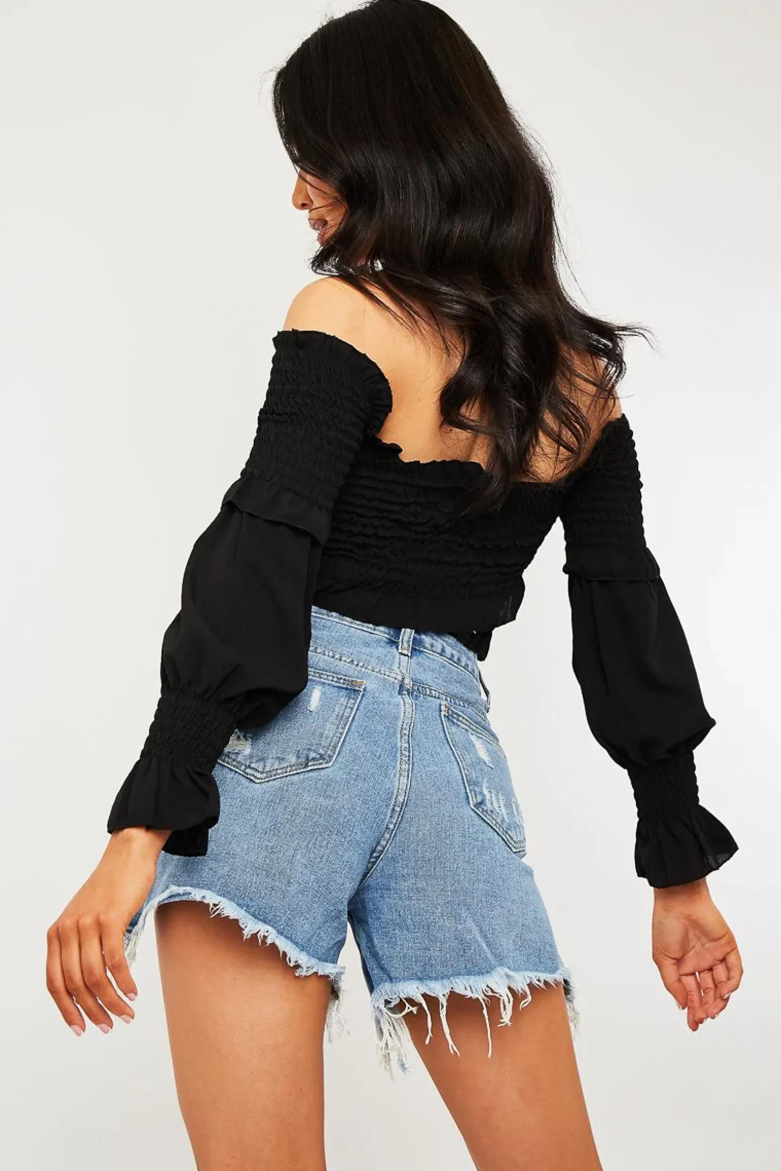 Rebellious Fashion Black Shirred Wrap Over Bardot Crop Top - Zuri