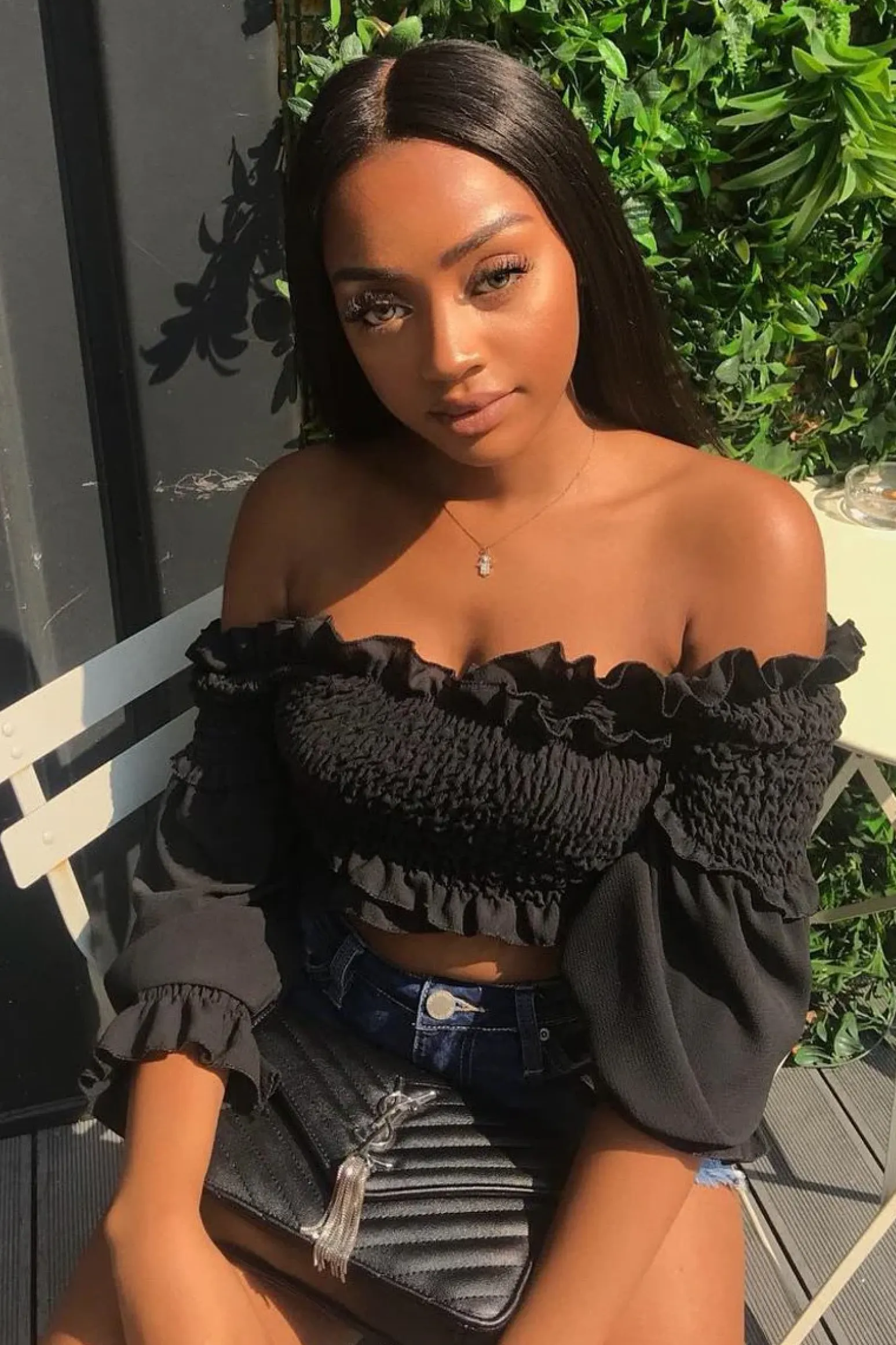 Rebellious Fashion Black Shirred Wrap Over Bardot Crop Top - Zuri