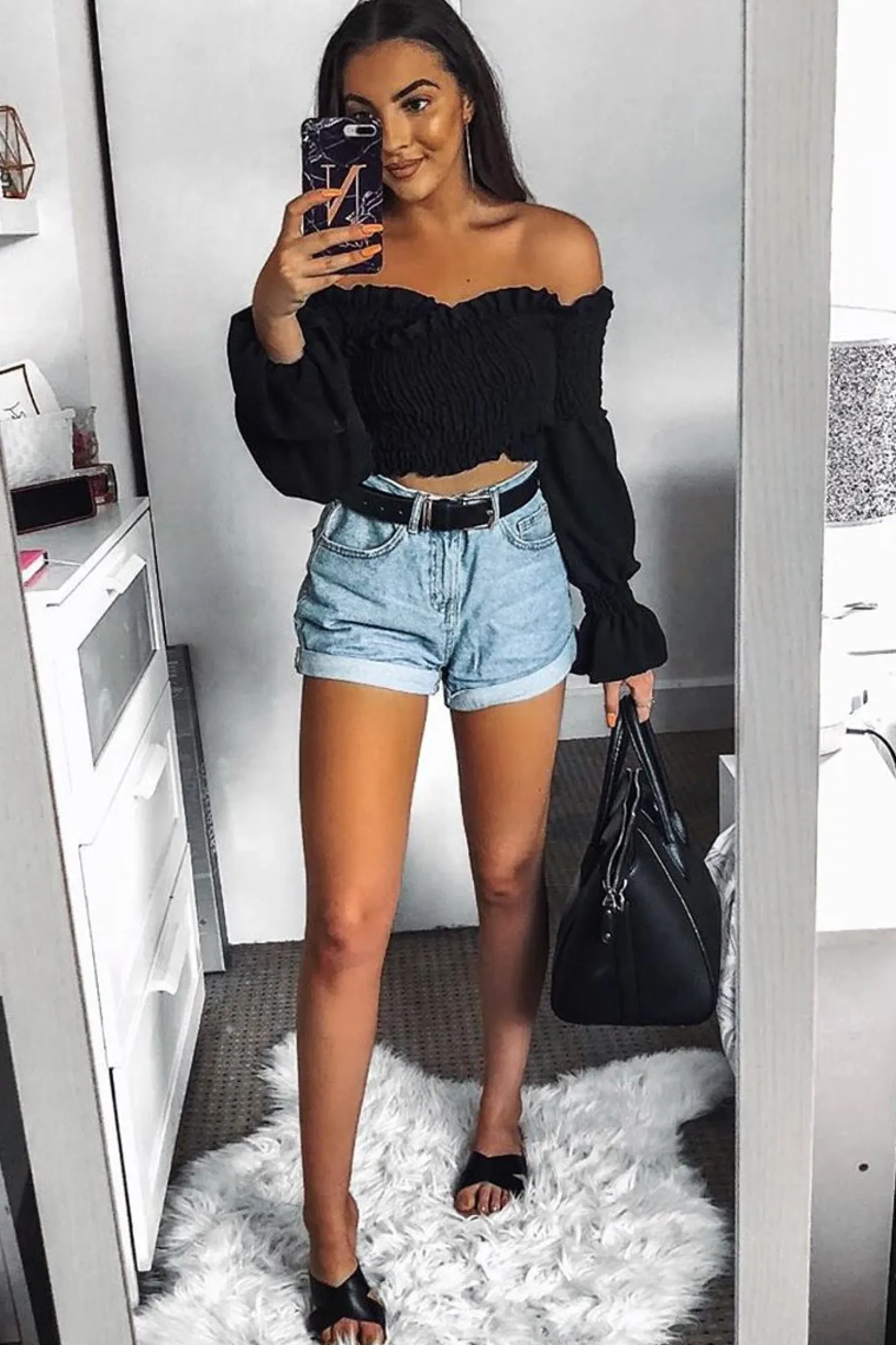 Rebellious Fashion Black Shirred Wrap Over Bardot Crop Top - Zuri