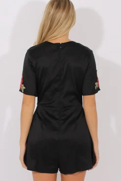 Rebellious Fashion Black Short Sleeved Embroidered Playsuit - Carmen