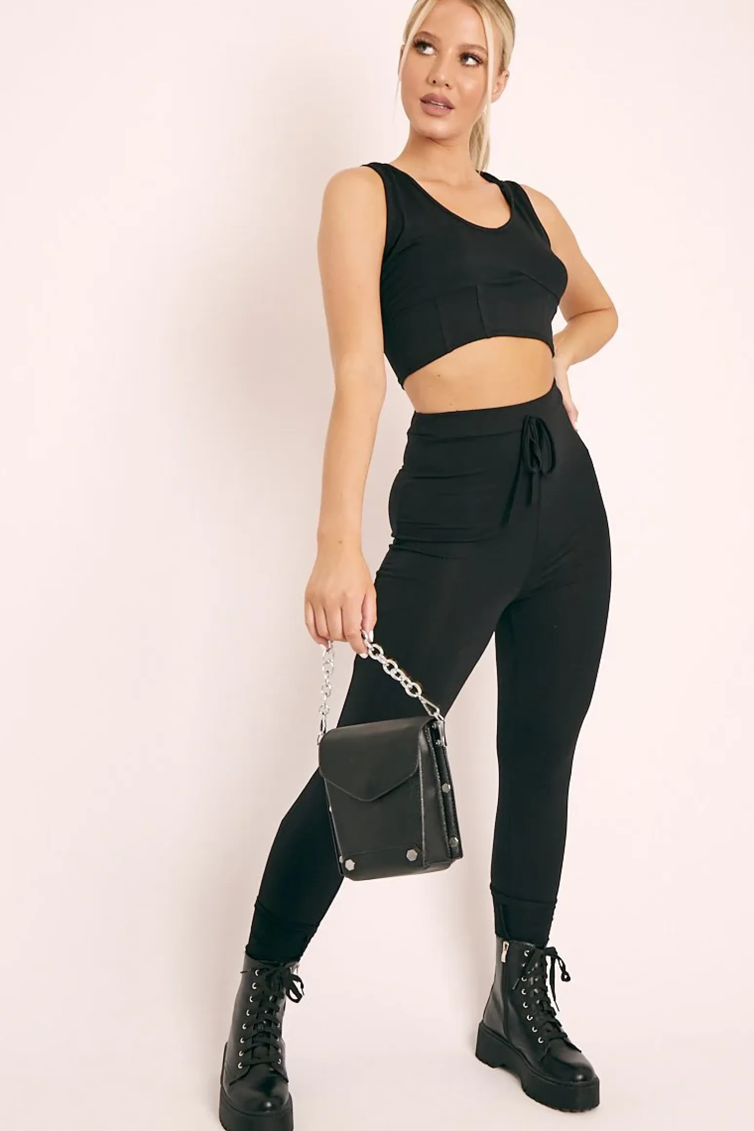 Rebellious Fashion Black Short Sleeve Hooded Crop Top and Leggings Loungewear Co-ord - Betty