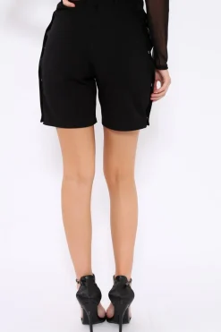 Rebellious Fashion Black Shorts with White Side Stripe and Poppers - Moyra