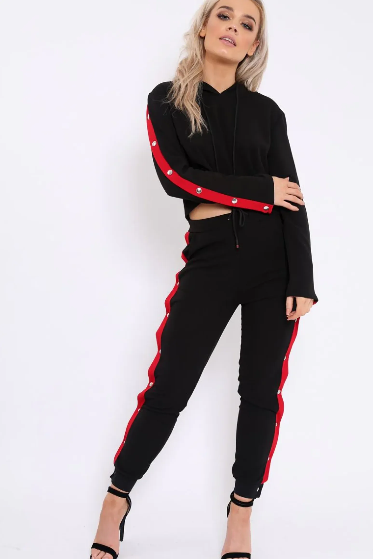 Rebellious Fashion Black Side Popper Red Stripes Loungewear Set - Cadence