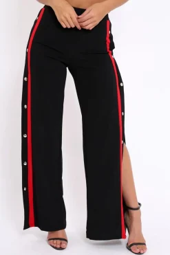 Rebellious Fashion Black Side Popper Red Stripe Trousers - Sady