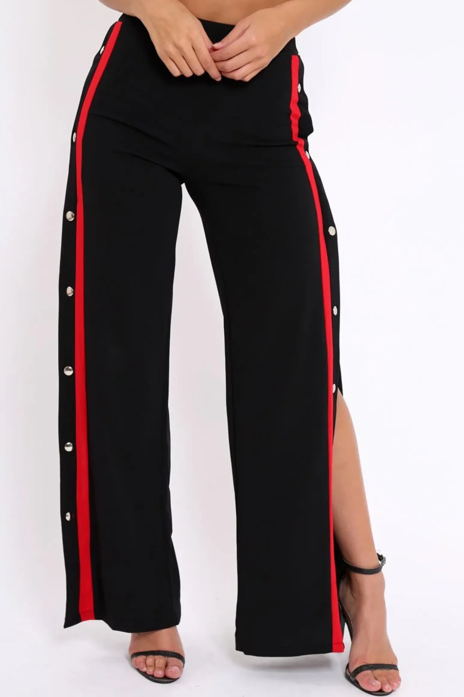 Rebellious Fashion Black Side Popper Red Stripe Trousers - Sady