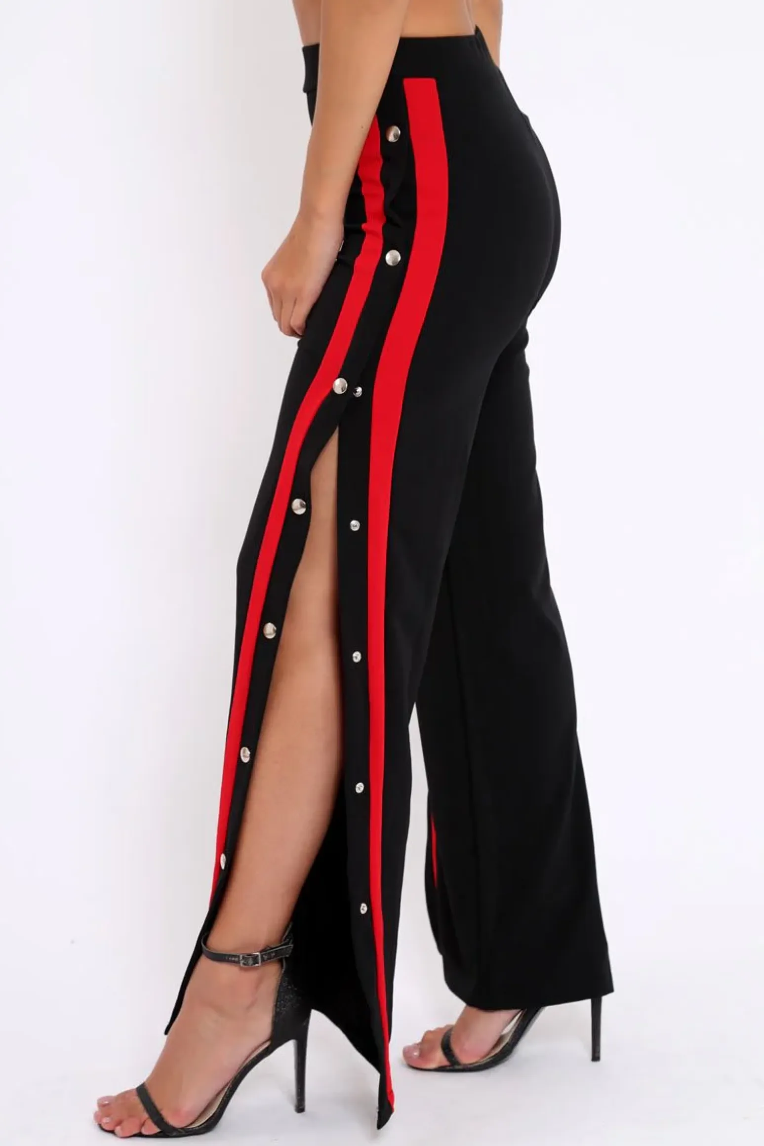 Rebellious Fashion Black Side Popper Red Stripe Trousers - Sady