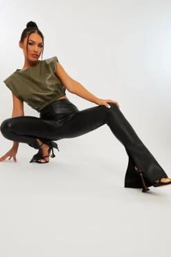 Rebellious Fashion Black Side Split Flared Skinny PU Trouser - Zylah