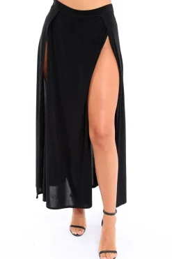 Rebellious Fashion Black Side Split Maxi Skirt - Gina