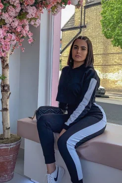 Rebellious Fashion Black Side Stripe Cropped Hoodie and Jogger Set - Darshi