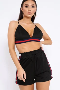 Rebellious Fashion Black Side Stripe Popper Shorts and Bralet Co-Ord - Tommie