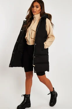 Rebellious Fashion Black Side Zip Long Sleeveless Puffer Coat - Priyah