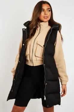 Rebellious Fashion Black Side Zip Long Sleeveless Puffer Coat - Priyah
