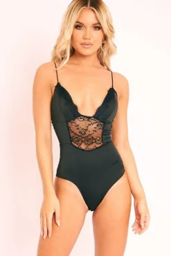 Rebellious Fashion Black Silky Bodysuit with Lace Trims - Sandrie