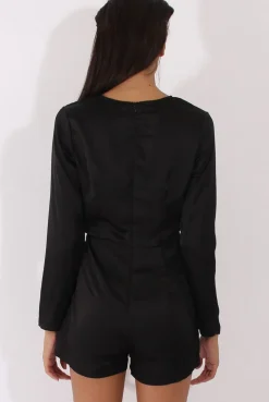 Rebellious Fashion Black Silky Front Twist Playsuit - Venus