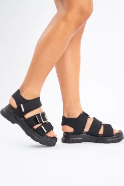 Rebellious Fashion Black Silver Buckle Velcro Strap Chunky Sandals - Gaelle
