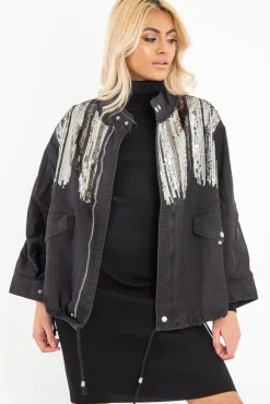Rebellious Fashion Black Silver Sequin Parka Denim Jacket - Dilara