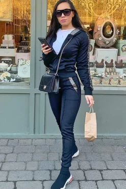 Rebellious Fashion Black Silver Stripe Detail Hooded Tracksuit - Daelyn