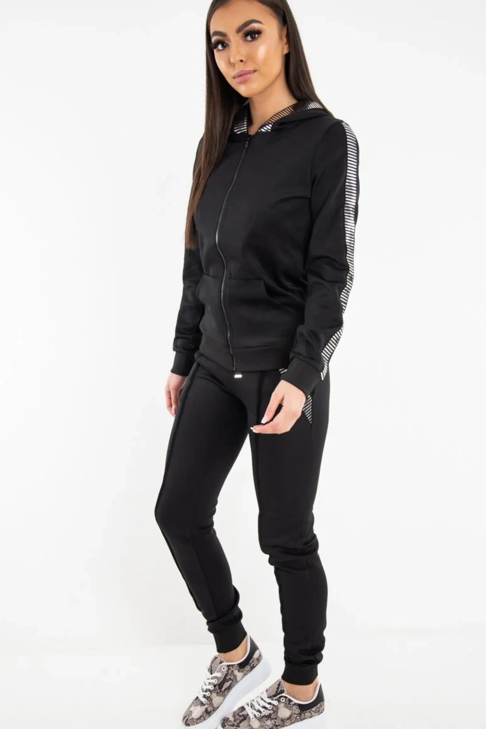 Rebellious Fashion Black Silver Stripe Detail Hooded Tracksuit - Daelyn